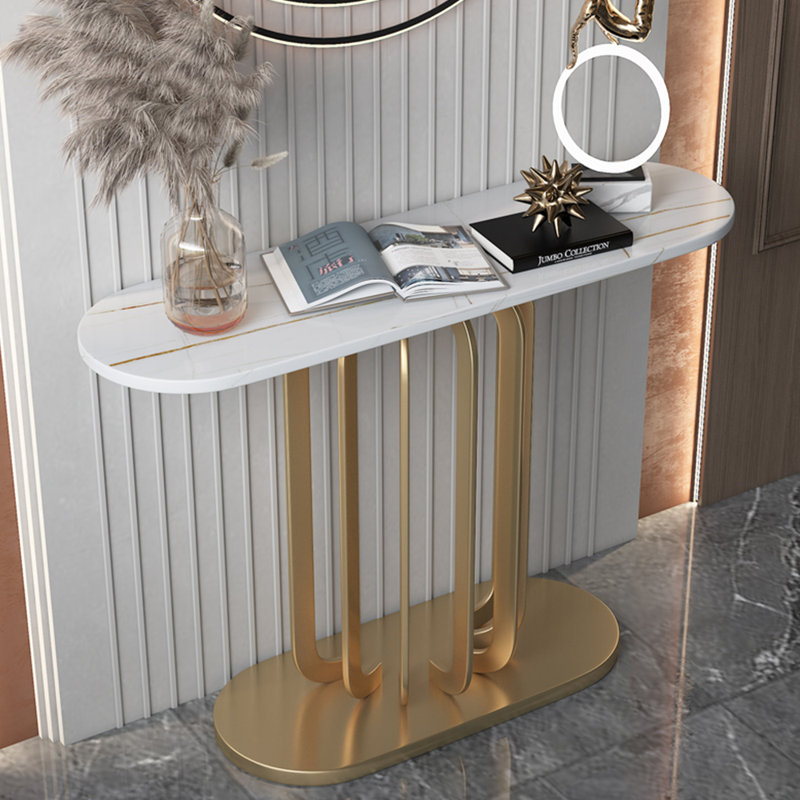 Console ovale luxueuse de style italien, H 33,5 po x l 59 po x P 13,8 po, Blanc, Doré