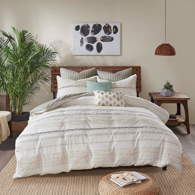 Édredon double / grand en coton / gris avec bordure à pampille élégante, imprimé blanc et gris, Gris