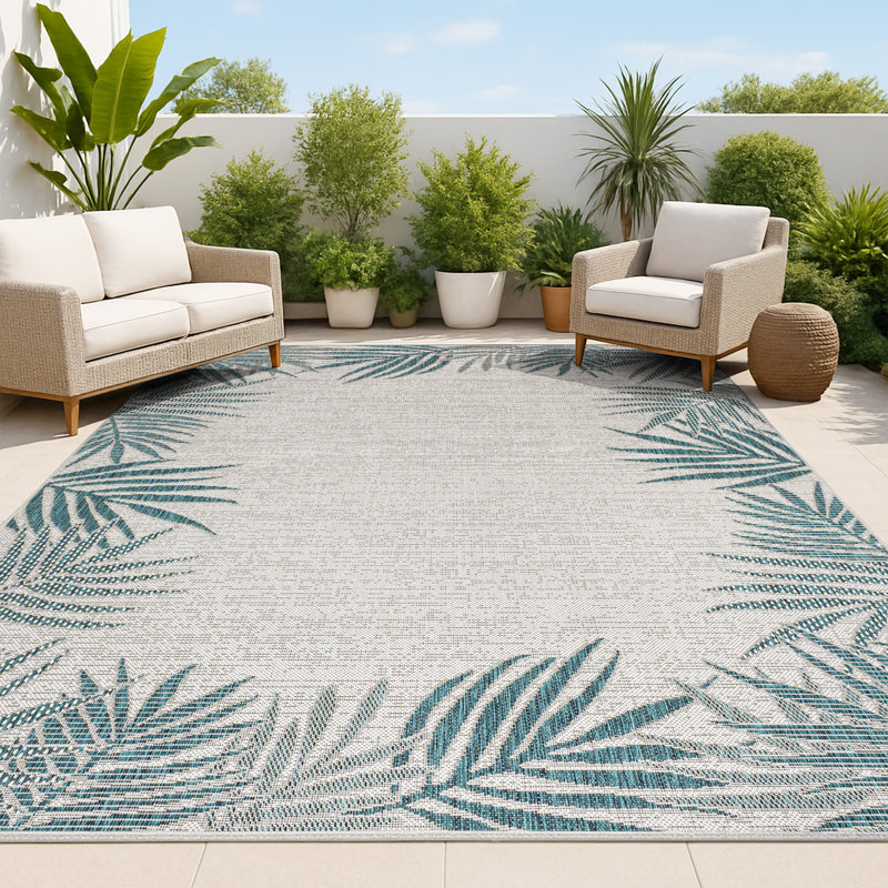 Schaal Coastal Cottage Palm Frond Border Blue/Cream Indoor/Outdoor Rug, Rectangle 4' x 6'