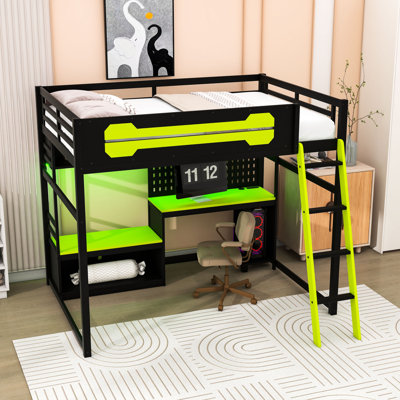 Lit mezzanine double en bois avec bureau, tablettes, lumières DEL et ports USB