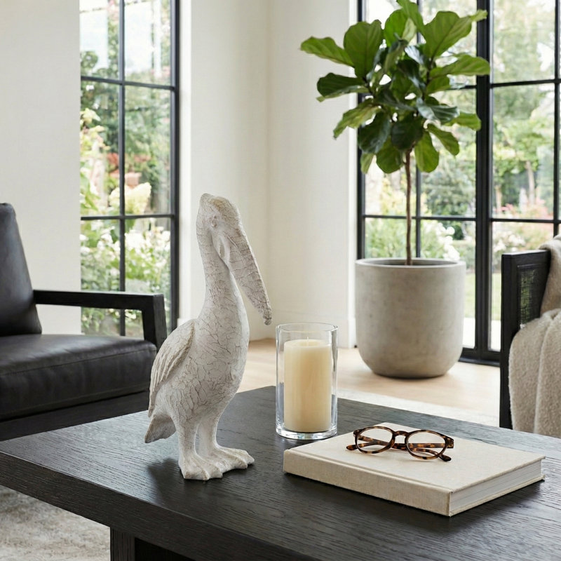 Awanda Decorative Pelican Sculpture Object for Home Decor - Modern Ceramic Figurine Statue for Console Table Accent or Living Room Decoration - 14", White