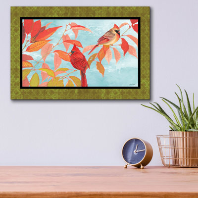 «Cardinal Couple In The Fall Green Border» par Jean Plout, art mural en verre acrylique, 16 po x 12 po