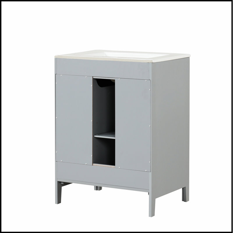 Meuble-lavabo gris 24 po avec lavabo, deux tiroirs, tablette réglable et élégante porte en verre Moru pour salle de bain moderne