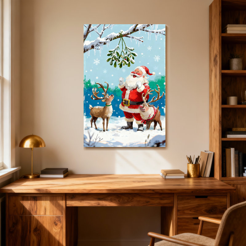 Noël père Noël avec renne sous le gui, H 30 po x l 20 po