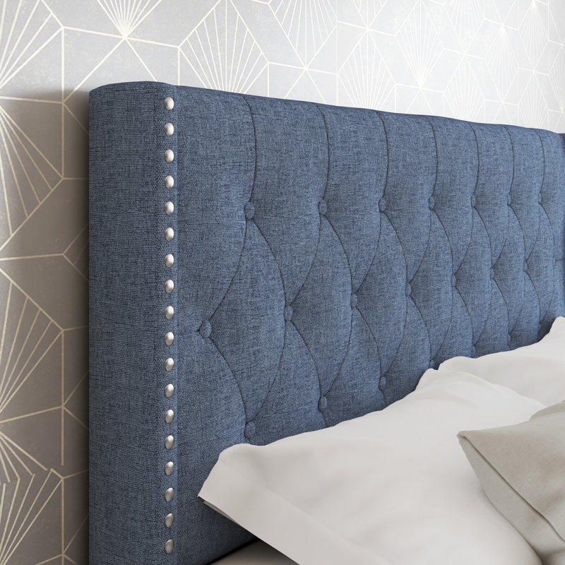 Boyd Sleep Mia Linen Platform Bed Frame with Tufted Headboard, No Box Spring Required, King, Blue