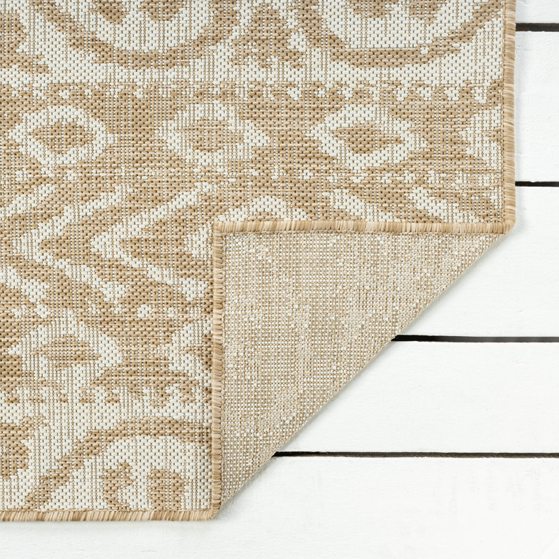 Cyndia Beige/Ivory Ikat Transitional Indoor/Outdoor Area Rug, Rectangle 6'6" x 9'