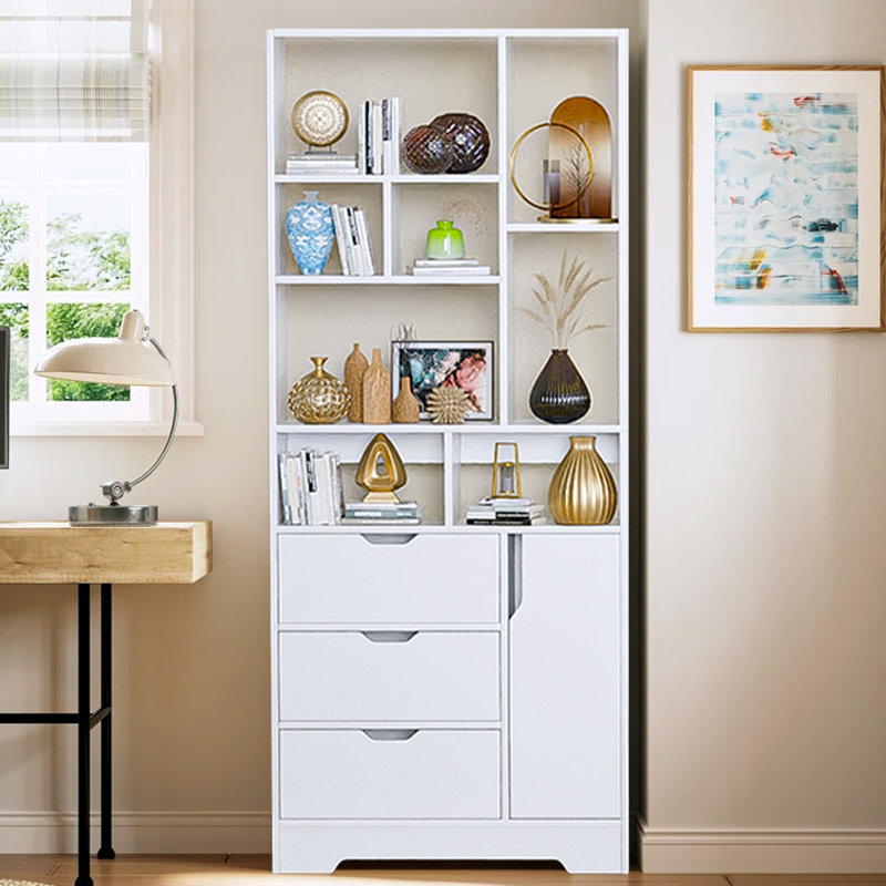 71" H X 29.5" W Storage Bookcase Cube Bookshelf with Display Shelves, Drawers and Doors, White