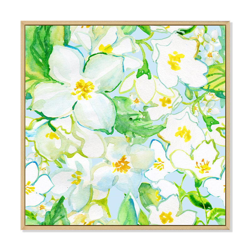 Jamin en fleurs blanches sur feuilles vertes - peinture sur toile, Cadre flottant en érable, H 30 po x l 30 po