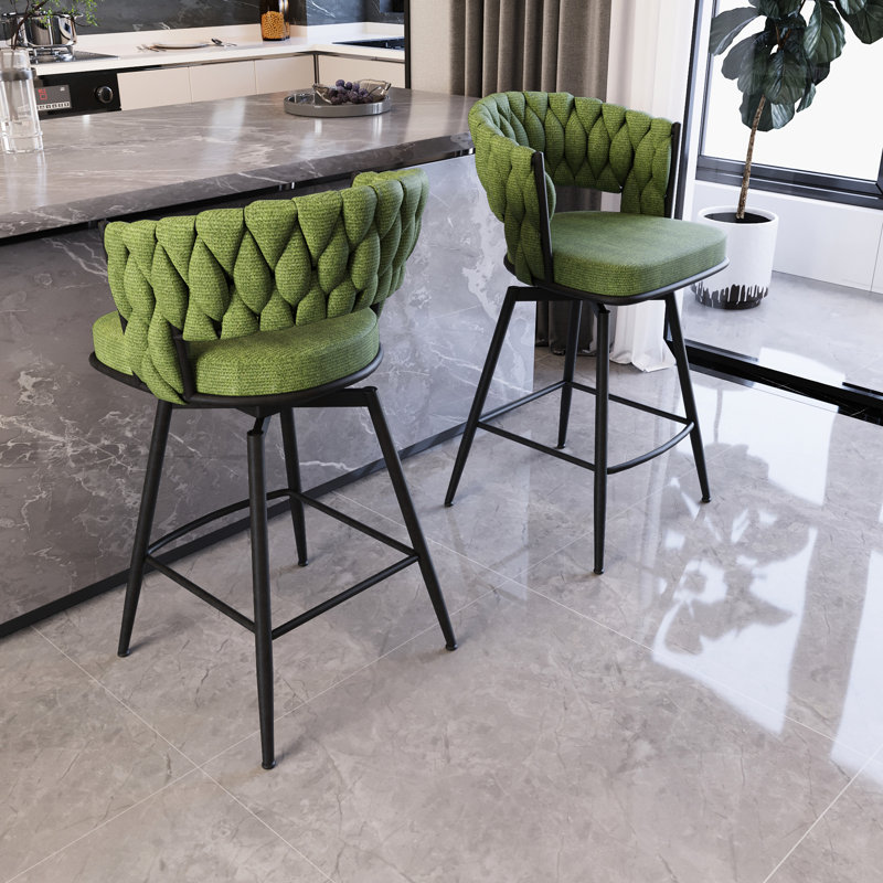 Tabouret de bar pivotant en lin de 2 personnes avec pieds noirs, structure et dossier confortable pour la cuisine, le salon et le coin bureau