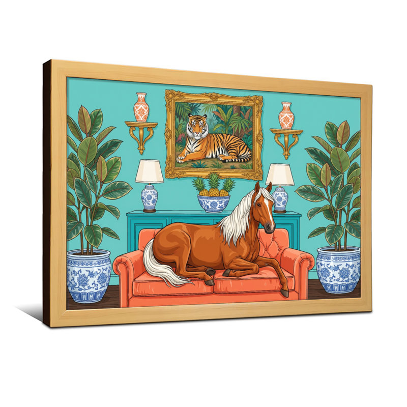 Animaux, cheval sur un canapé avec tigre, peinture, H 12 po x l 18 po, Toile tendue, Ne s’applique pas