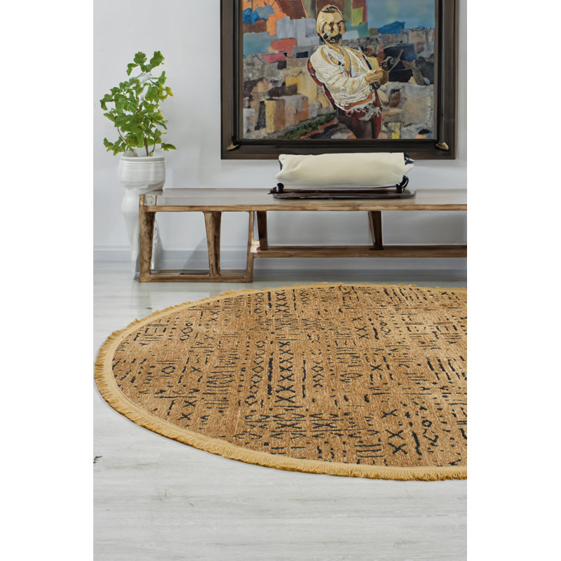 Crystallee Brown Moroccan Machine Made Cotton Polyester Non-Slip Area Rug, Rond 5 pi 10 po
