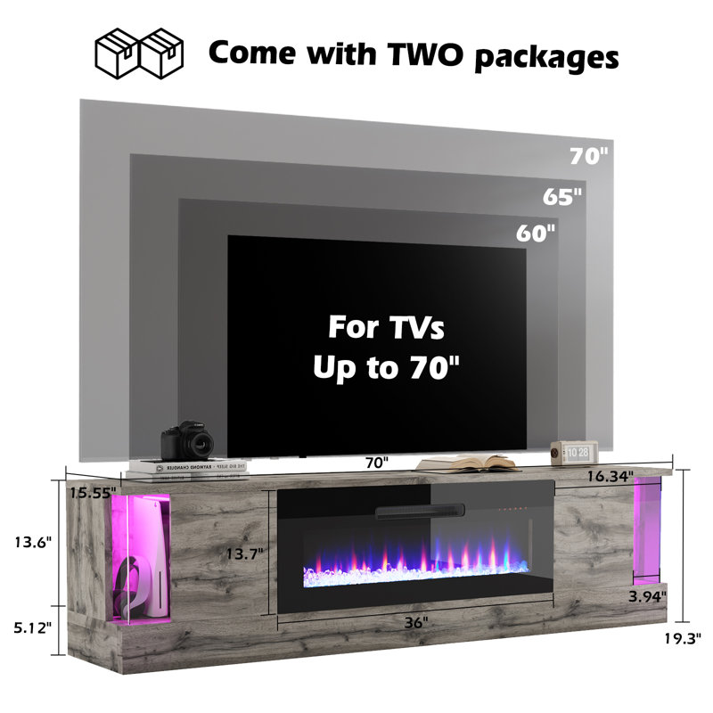 Fireplace Tv Stand With 36" Electric Fireplace, 70" Modern Wood Grain High-gloss Tv Cabinet For Living Room, Led Entertainment Center With Flip-down Doors For Tvs Up To 70"