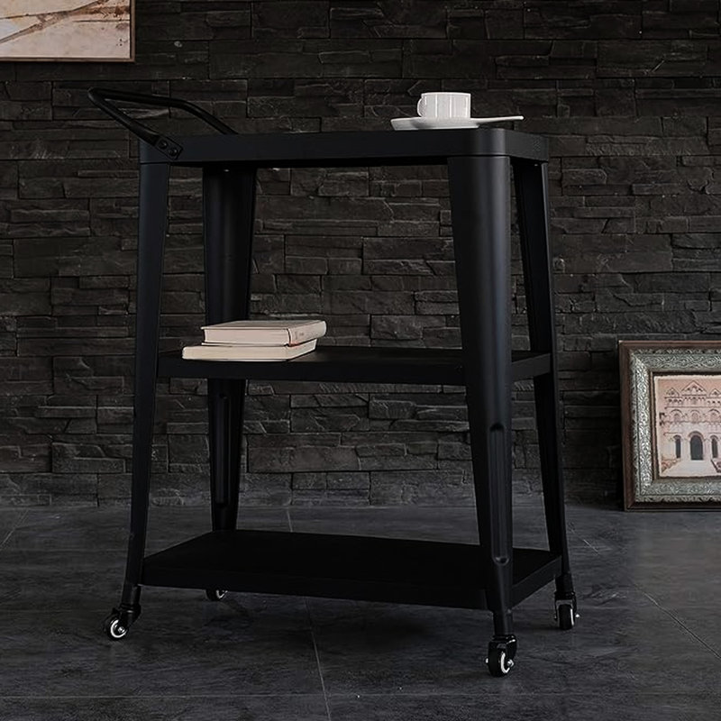 3 - Tiered, Black Industrial Dining Cart, Swivel Wheels, Handle, All Metal, Kitchen Use, Party Industrial, Finish, Metal Design, Kitchen, Room