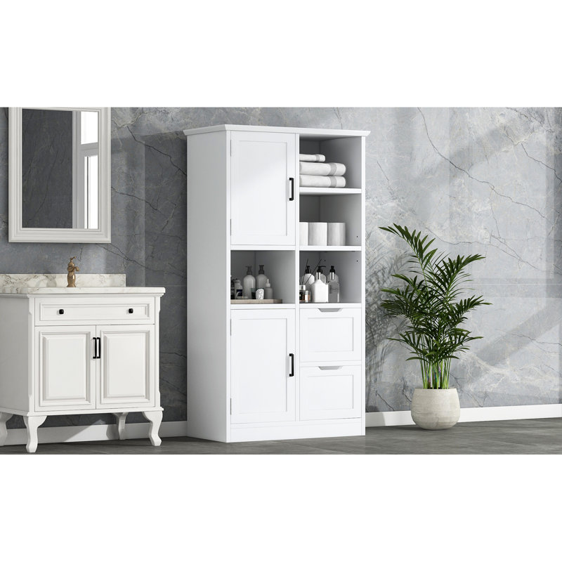 Armoire de rangement autoportante blanche pour salle de bain - Grandes portes, tiroirs, tablettes ouvertes, tablette réglable, pratique