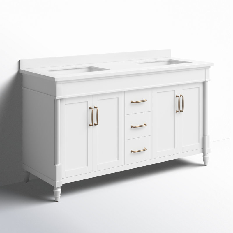 Meuble-lavabo double 60 po avec plateau en marbre Burdick, Blanc pur