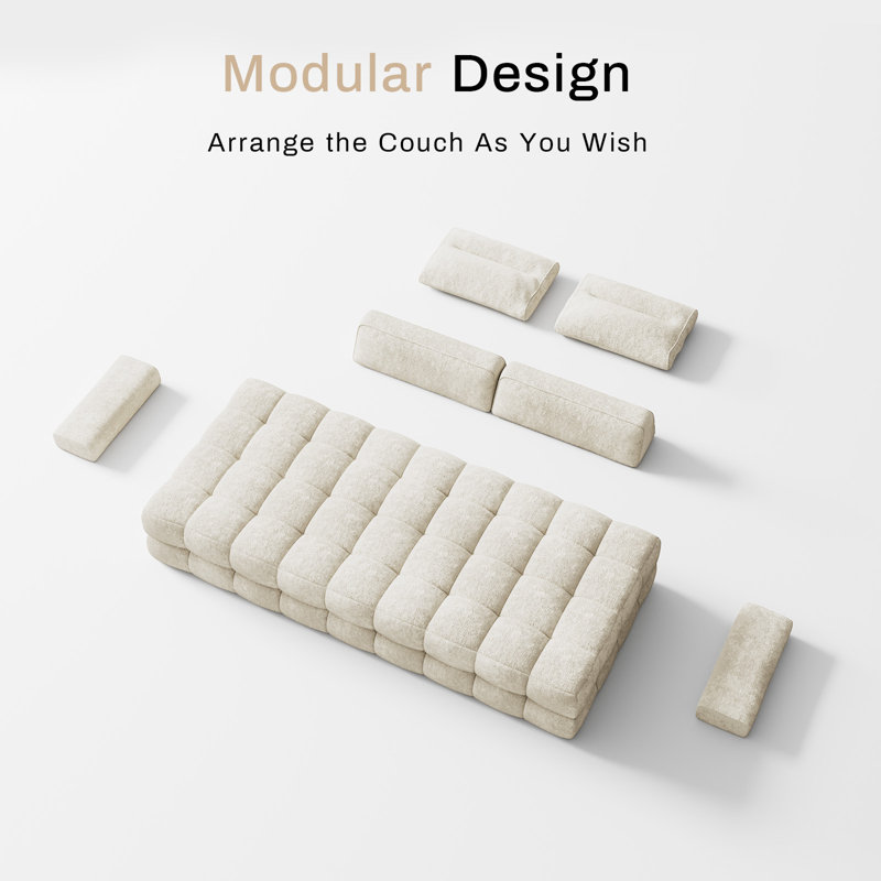 88'' No Assembly Chenille Modular Sofa with Removable Pillows and Tufted Design, Beige White