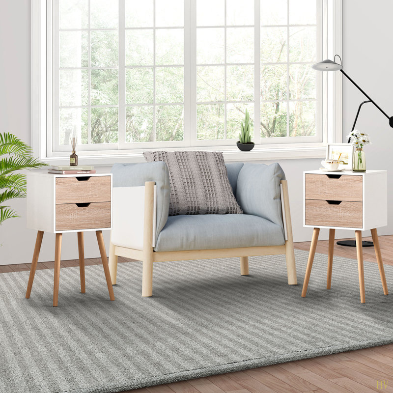 Table de chevet avec 2 tiroirs, tables de chevet avec pieds et rangement en bois massif, table de bout, table d'appoint, meubles de chevet pour chambre à coucher, salon, 2 pièces