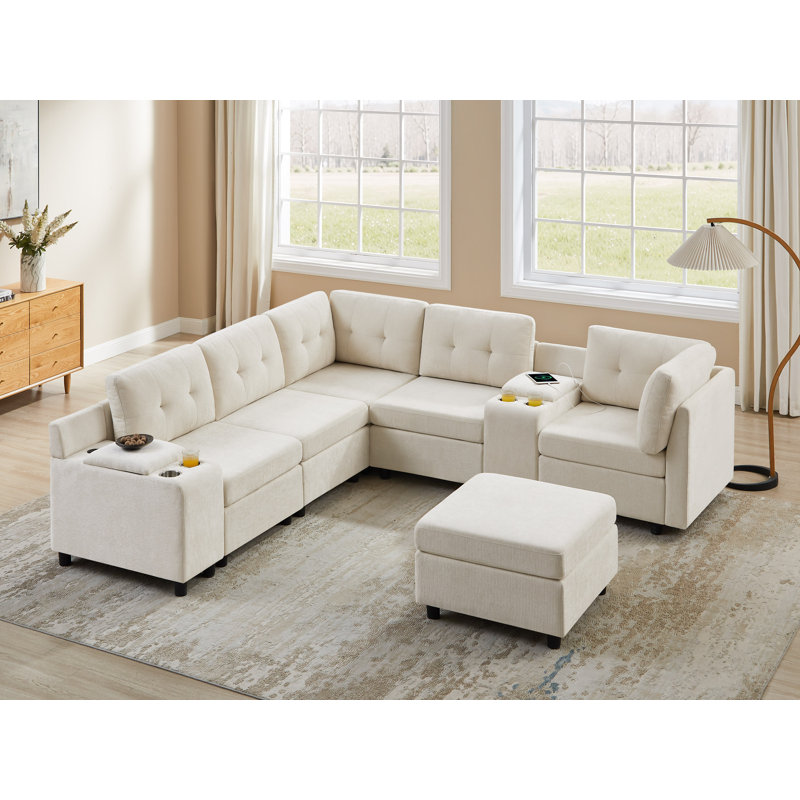 Canapé modulaire en chenille avec console de rangement Chenille, Polyester beige