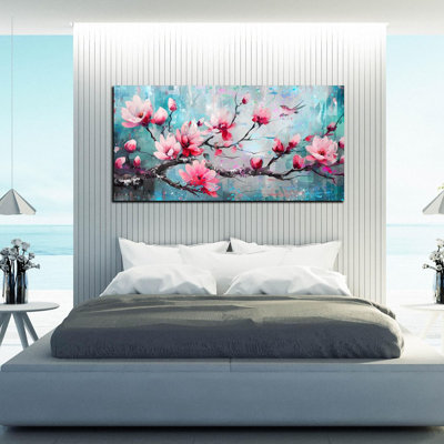 Plum Blossom Pink Wall Art For Living Room - Modern Home Office Wall Decor For Women Size 24" X 48"