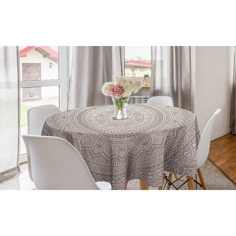 Mandala Round Tablecloth, Abstract Floral Design With Themes Native South East Folklore, Circle Table Cloth Cover For Dining Room Kitchen Decoration, 60", Pale Pink White Beige