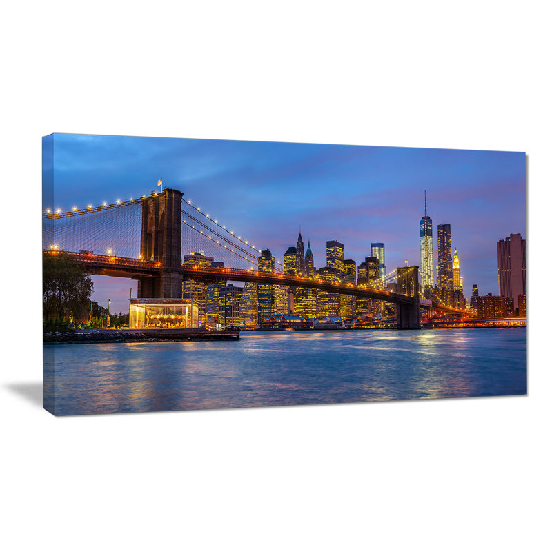 Brooklyn bridge avec lumières et réflexions-cityscape, reproduction de photo sur toile tendue, H 20 po x l 40 po x P 1po