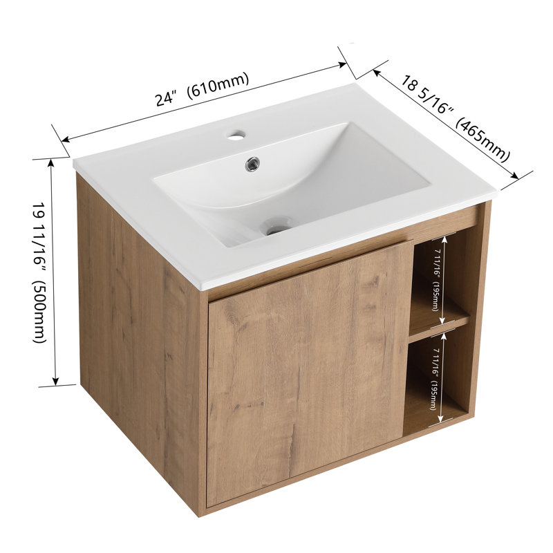 Ehonmwon 24'' Wall Mounted Single Bathroom Vanity with Ceramic Top, Floating Vanity with 1 Door and 1 Shelf