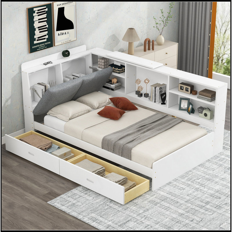 Lit plateforme simple en bois avec tête de lit avec rangement, tablettes et 2 tiroirs, blanc