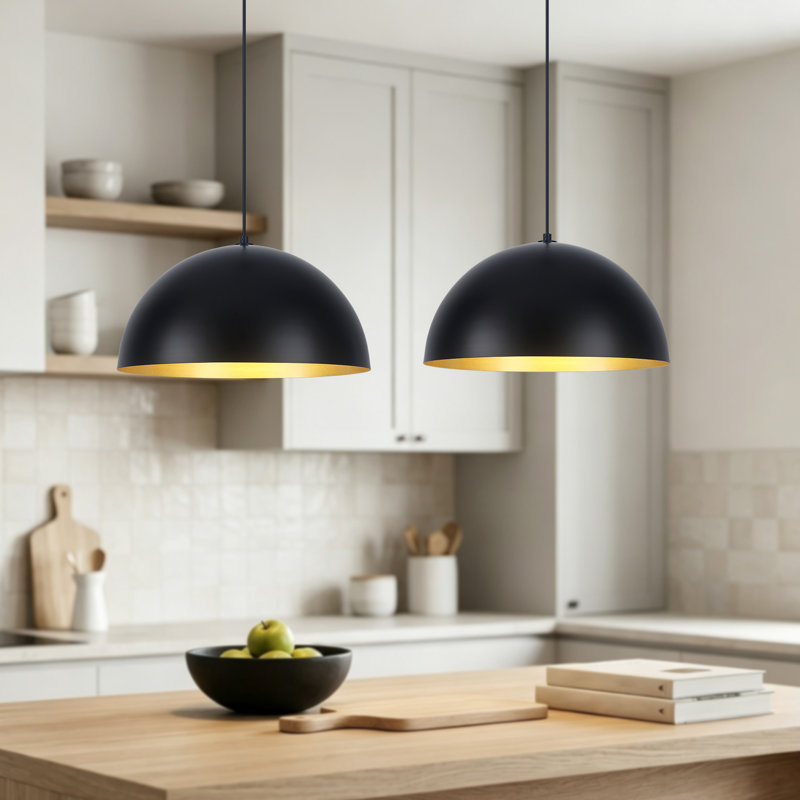 15.75" Adjustable Black Dome Pendant Light, Matte Black