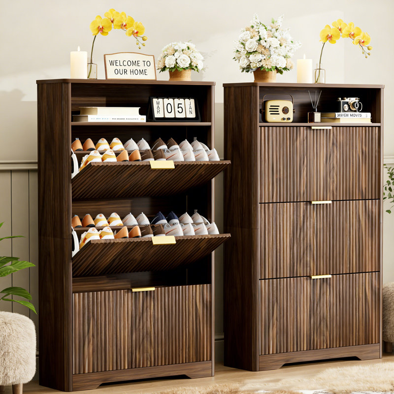 SET OF 2 Narrow Shoe Storage Cabinet with 3 Flip-Down Drawers & Open Top - Farmhouse Entryway Shoe Organizer with Legs, Hidden Slim Shoe Rack for Hallway, Foyer, Apartment,  Adjustable Shelves