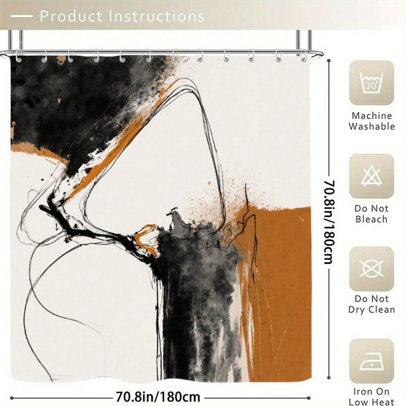 Rideaux de douche noir et orange à encre abstraite, 71 x 71