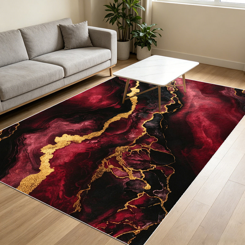 1PC Burgundy Gold Abstract Fluid Marble area rugs for Living Room, Soft and Comfortable, Suitable for all seasons, easy-to-maintain, machine washable Indoor floor mat, Under Table Farmhouse suitable for dining table, bedroom, entryway, kitchen,