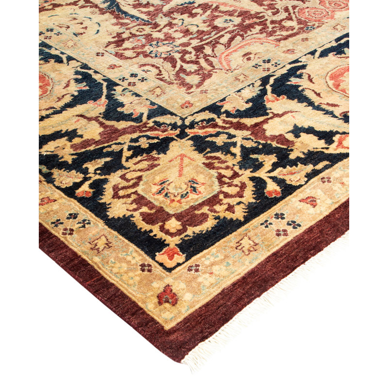 Tapis rouge / noir / beige noué à la main de conception unique 8 pi 1 po x 9 pi 9 po Hayner