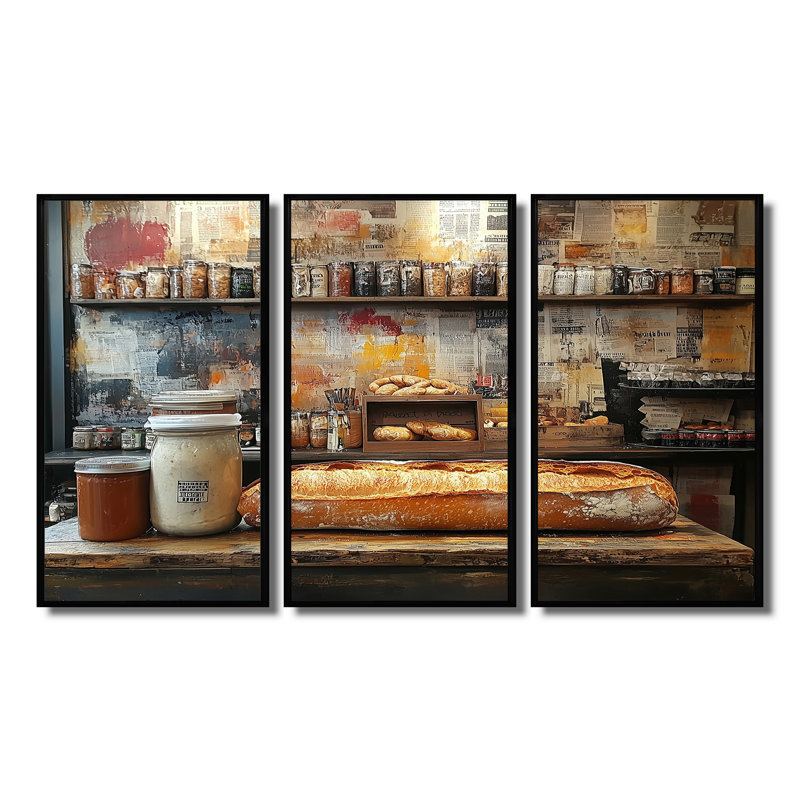 «Brown and Black French Cafe Baguette Et Jambon II», ensemble d'art mural café français, Toile avec cadre flottant noir