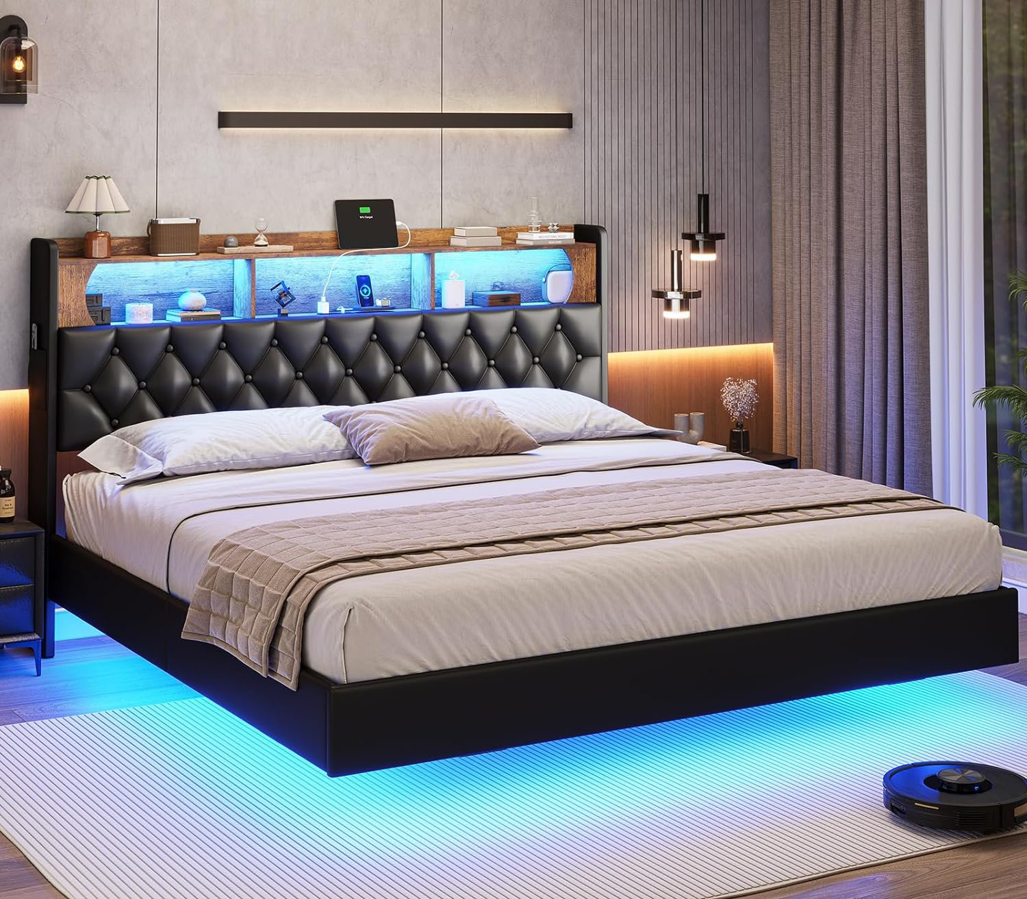 Wrought Studio™ Floating Bed Frame King Size With Rgb Led Lights ...