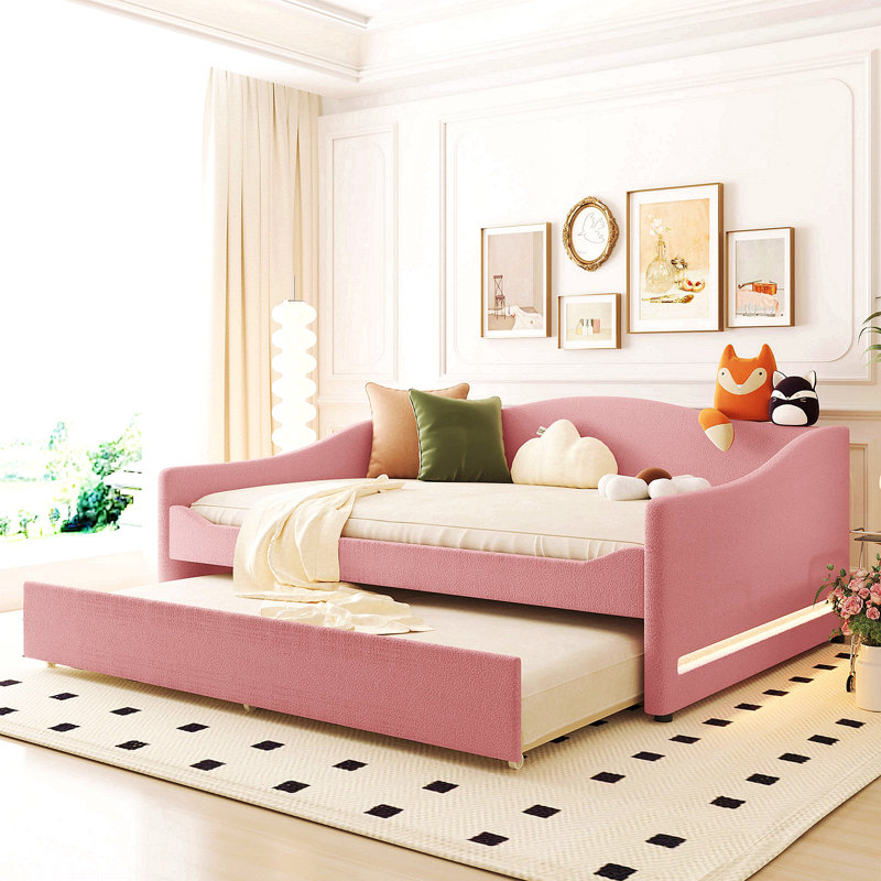 Teddy Fleece Full Size Upholstered Daybed With Light And Trundle, Pink, Full, Pink