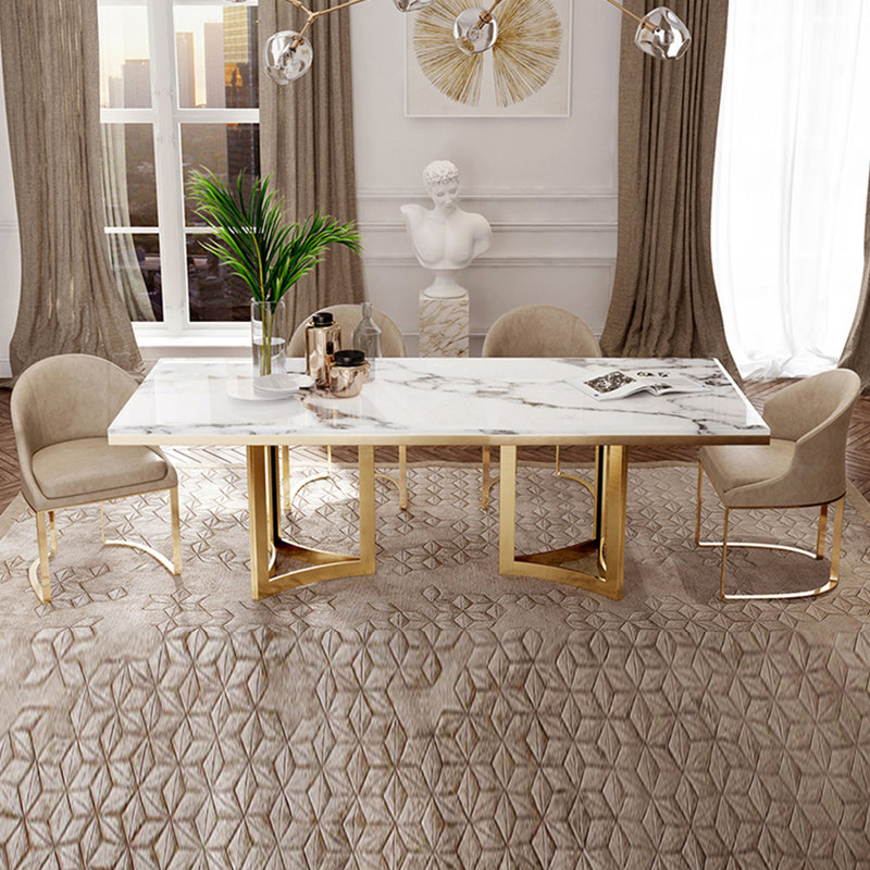 Modern White Faux Marble Dining Table with Double Pedestals Base Pre-Assembly, 29.53"H x 70.87"L x 35.43"W