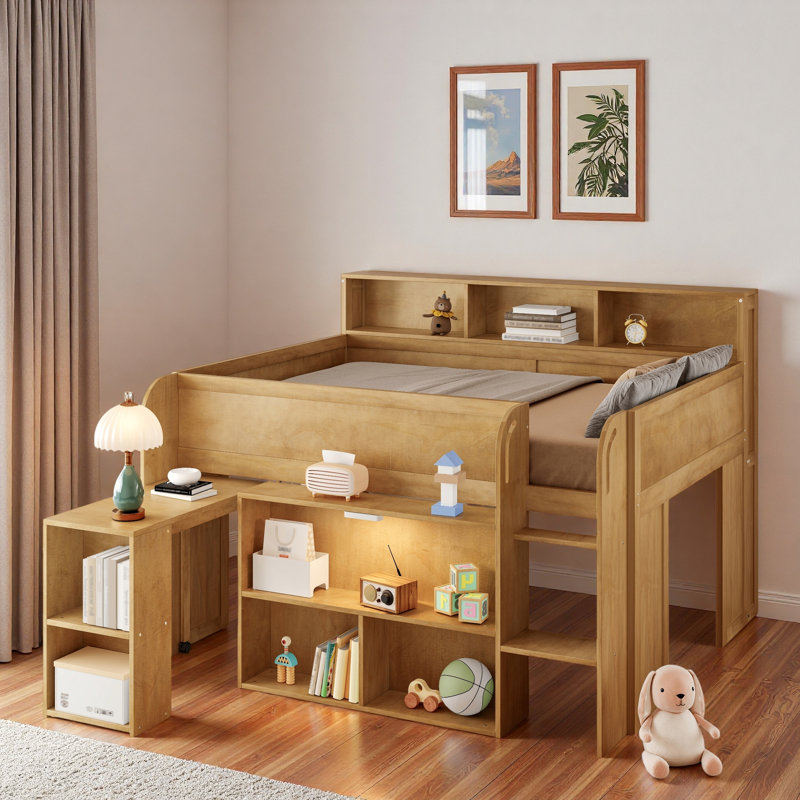 Lit mezzanine avec plusieurs tablettes de rangement, bureau et DEL, Noyer