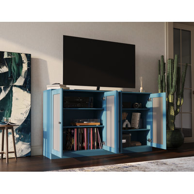 Meuble télé 100% bois massif avec portes en verre givré et tablettes réglables pour téléviseurs de 64 po ou moins
