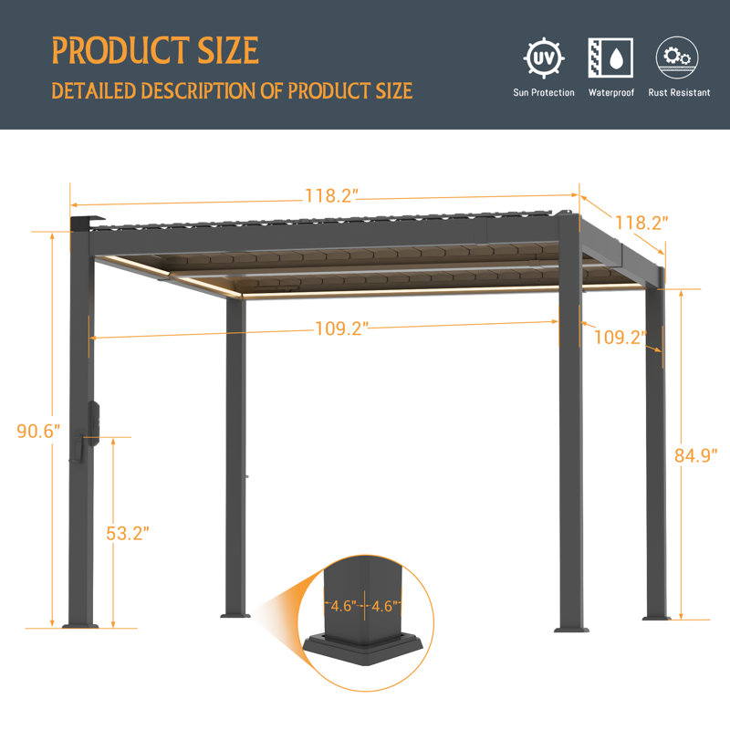 LED-Equipped Full Aluminum Pergola with Adjustable Rainproof Louvers and Concealed Water Drainage for Patio