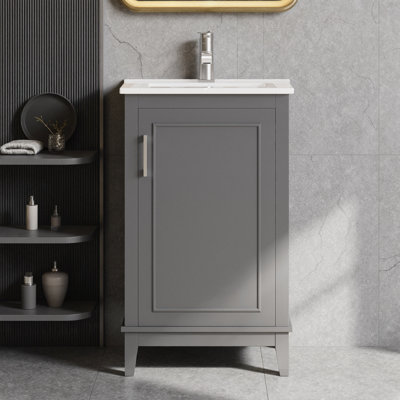 Petit meuble-lavabo moderne de 20 po avec lavabo en céramique - 1 porte à fermeture en douceur avec tablettes à double porte - Armoire de rangement autoportante compacte pour salles d'eau, petites salles de bain ou véhicules récréatifs