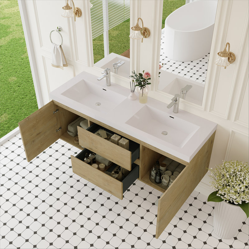 Meuble-lavabo flottant avec lavabo, meuble de rangement mural avec tiroirs à fermeture en douceur, Chêne