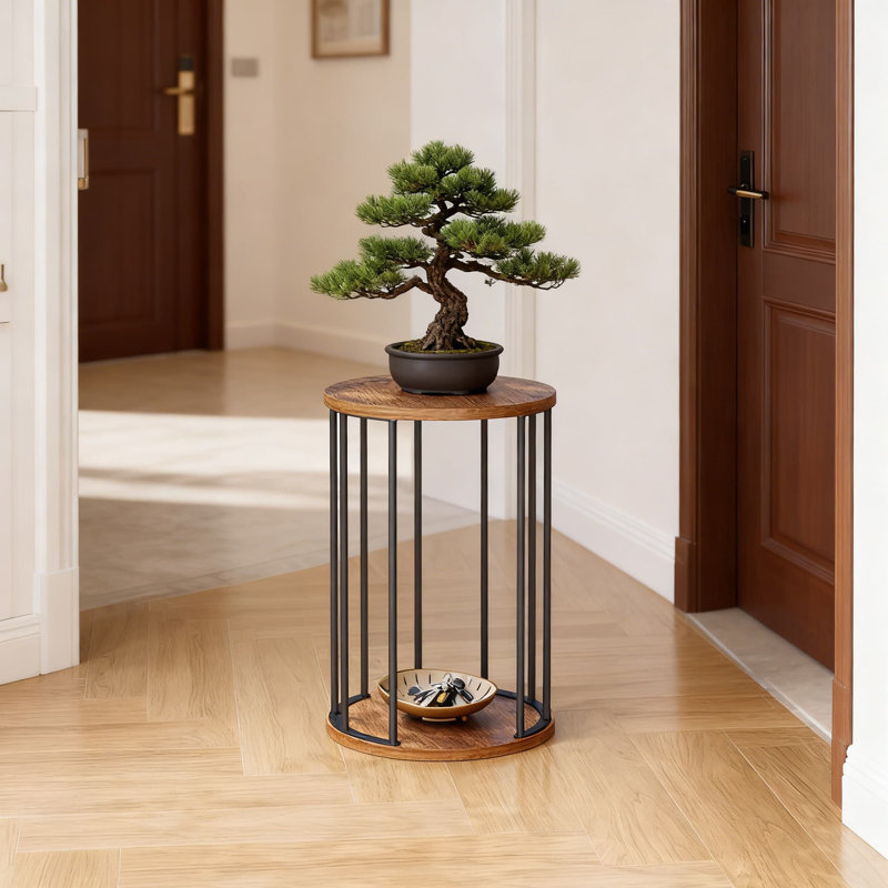 Support pour plante moderne Mid-Century avec plateau rond en bois, support pour plante d'intérieur en métal robuste et table de présentation pour le salon et la chambre à coucher