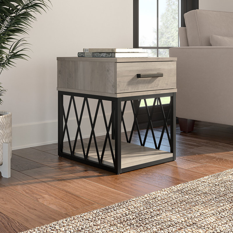 Driftwood Gray Industrial End Table with Storage Drawer