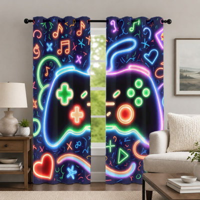 2 rideaux de contrôleur de jeu néon 2 pièces, draperie de style joueur de jeu, rideaux à œillets colorés et imprimés modernes, habillage de fenêtre pour le décor de la chambre à coucher