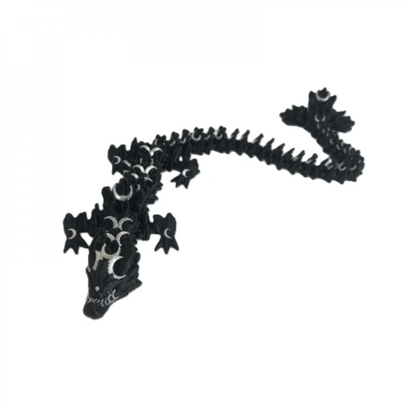 3D Printed Lunar Dragon With Moons Figurine, 2" H x 2.75" W x 15.5" D, Black/White