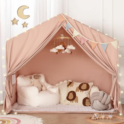 Large Kids Play Tent with Mat & Star Lights - Indoor Playhouse Teepee for Toddlers, Portable Play Tent for Boys & Girls Bedroom, Playroom, Toy Gift for Birthday (Coffee)