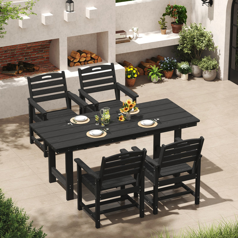 Hdpe Patio Dining Set With Arm Chairs, All Weather Outdoor Patio Set With Umbrella Hole, 4