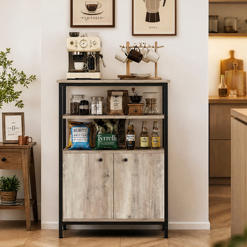 Buffet gris Farmhouse avec tablettes ouvertes, bar à café autoportant avec 2 portes et pieds en métal pour la cuisine, la salle à manger, le vestibule, 26,8 po