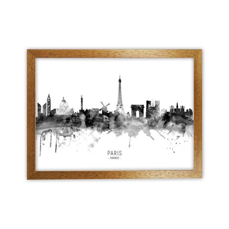 Paris France Skyline Black White City Name by Michael Tompsett - Print, 34cm H x 46cm W x 3cm D, Brown Framed