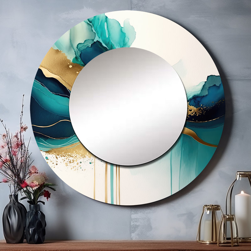 Orenthal Teal And Gold Abstract Expression II - Liquid Ink Wall Mirror, Turquoise Round Decorative Mirror, Printed Metal Art